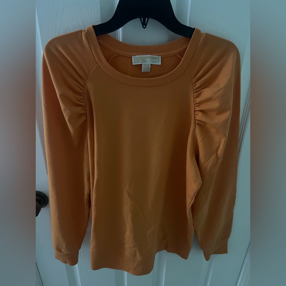 Michael Kors Burnt Orange Ruched Sleeve Top Size XL Flowey, Fun, Comfy
